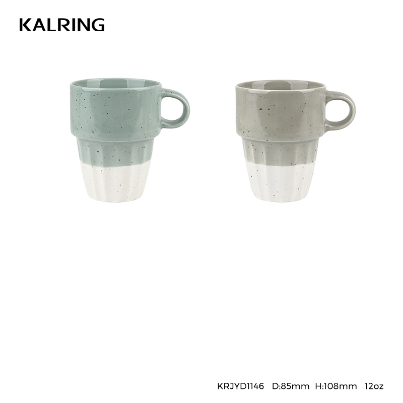 Kalring Best Selling 350cc 12oz Ice Cream Color Glazed with Black Spot Embossed Ceramic Stackable Mug for Supermarket