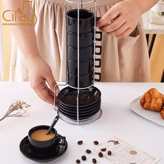 Tazzine da caffè in ceramica impilabili da 85 ml con piattini e supporto in metallo da 3 once per caffè, set da 6
